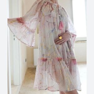 Light Pink Marble-Print Long Sleeve Dress with Tassel Tie